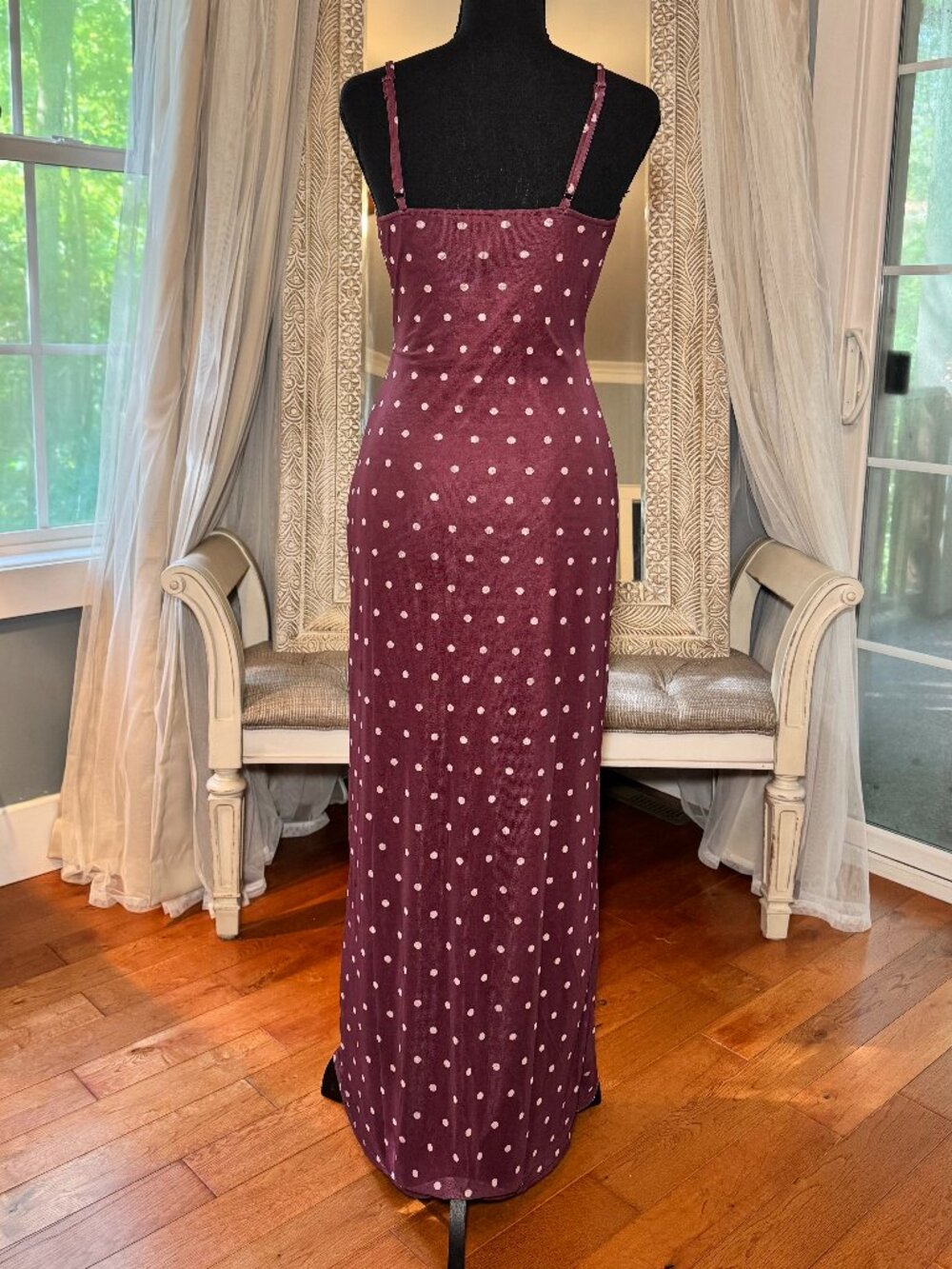 Planet Heart Burgundy Polka Dot Mesh Maxi Dress S NWOT - Picture 3 of 11